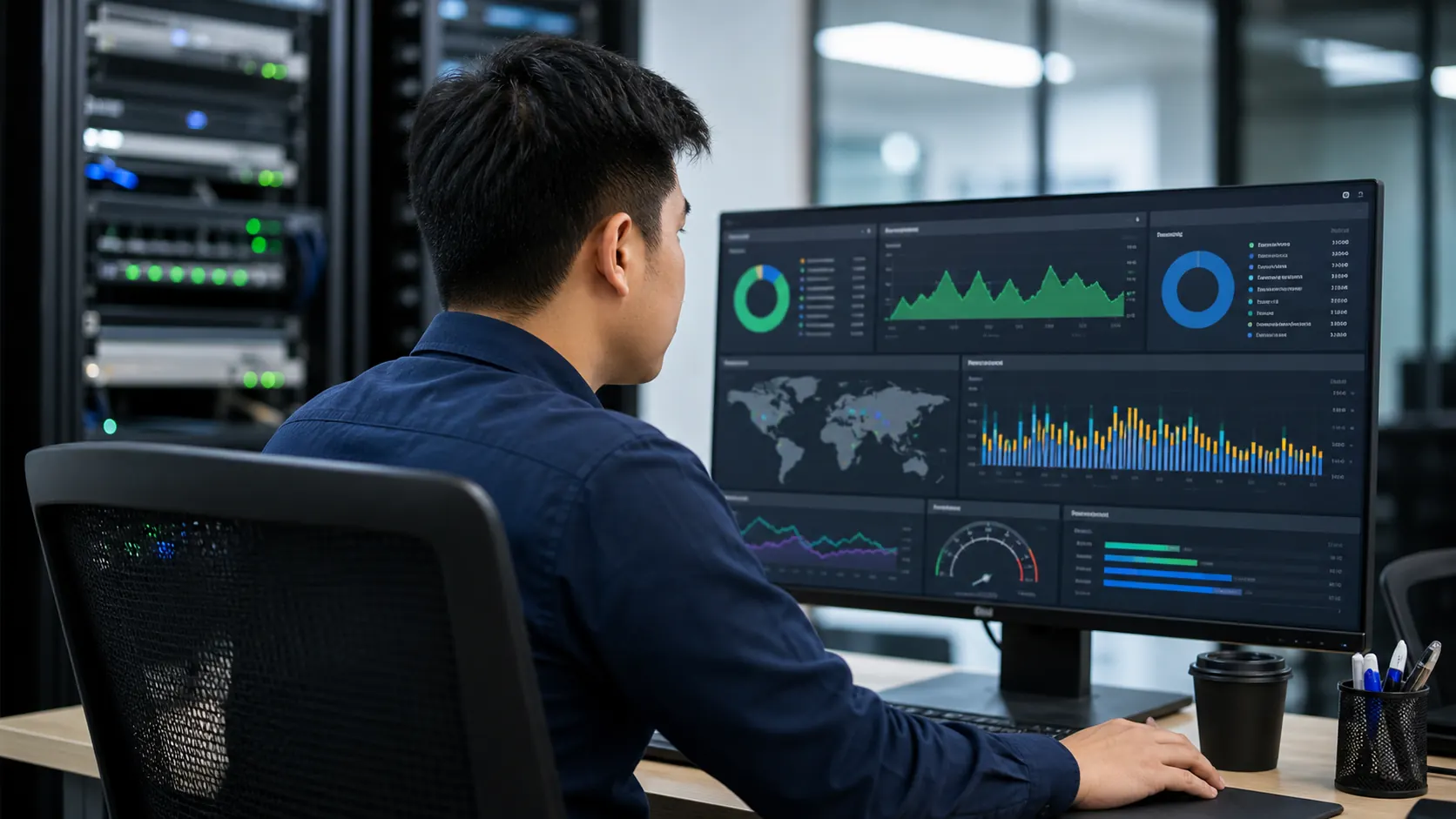 Administrator jaringan menata dashboard pemantauan kesehatan firewall FortiOS