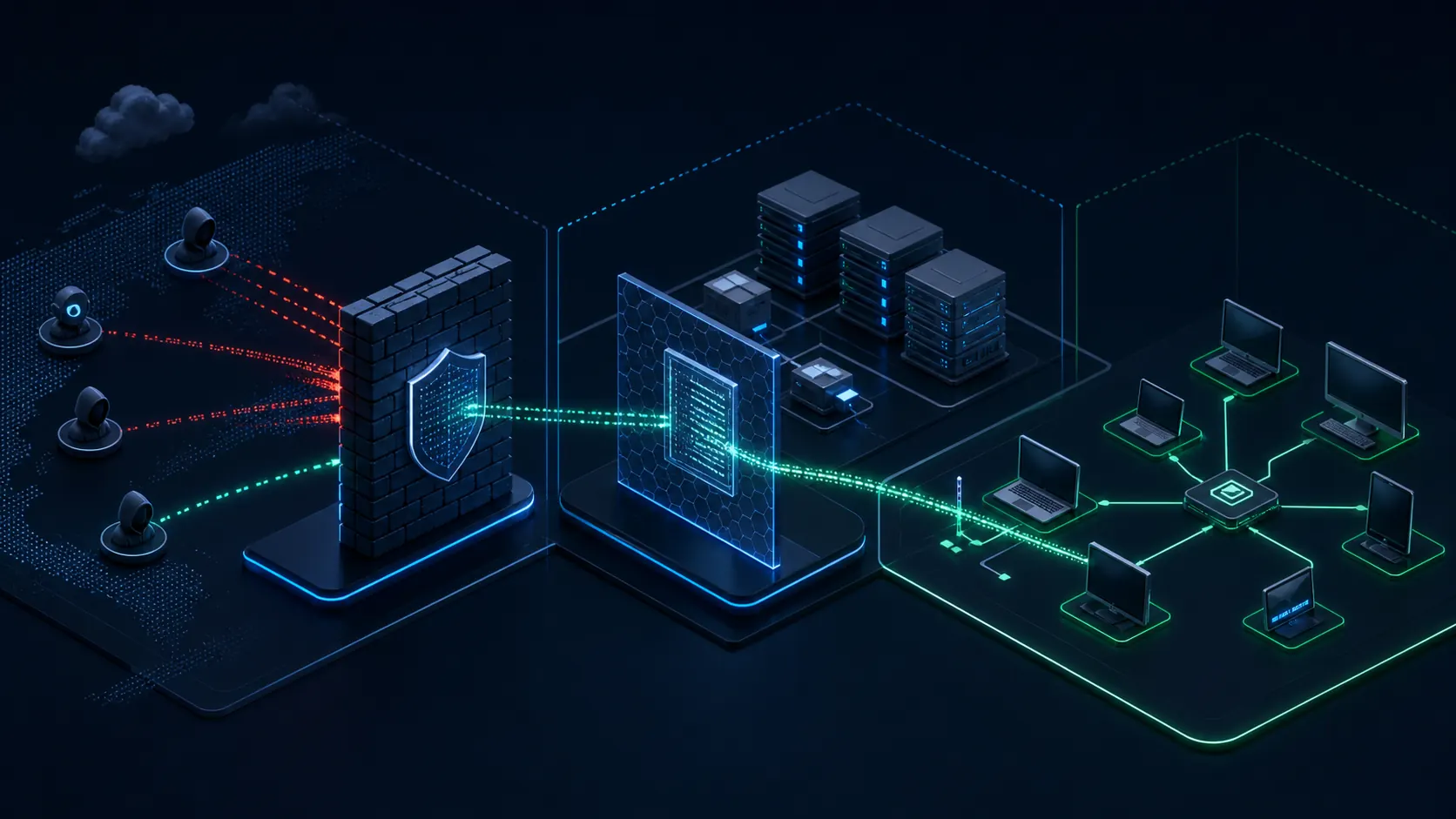 Ilustrasi perbedaan lapisan firewall jaringan WAF dan application control